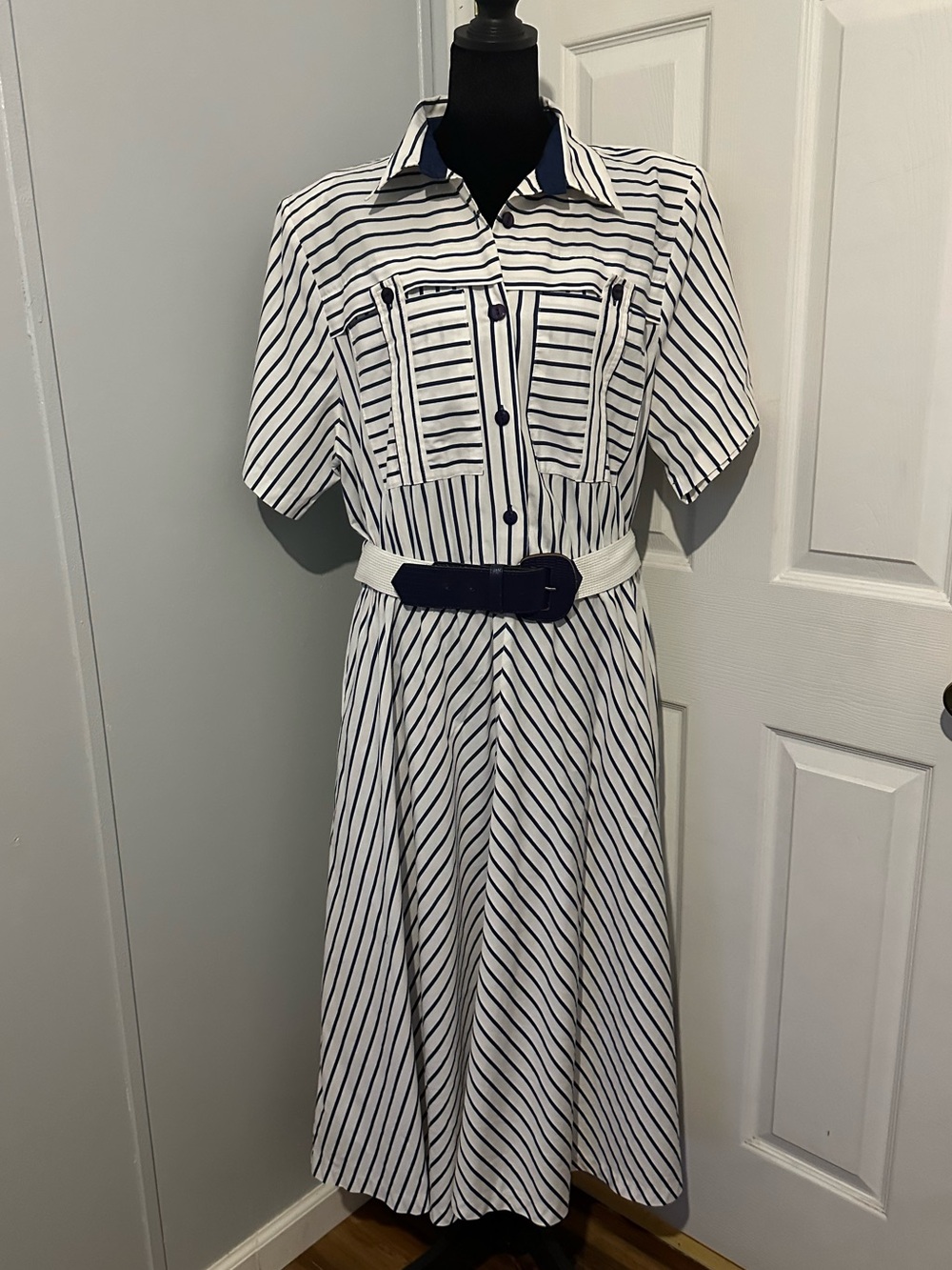 Vintage Striped Navy and White Shirt Dress with Belt size XL